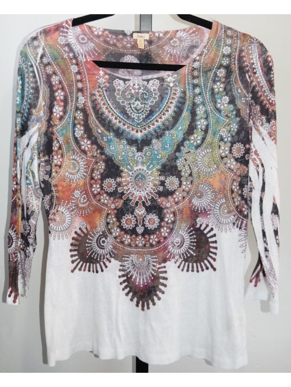Reba Boho Rhinestone Paisley Print Long Sleeve Top Bling Embellished XL